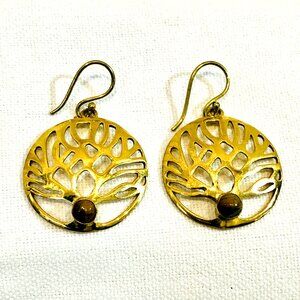 Tiger's Eye Round Tree of Life Earrings in Gold Tone Brass